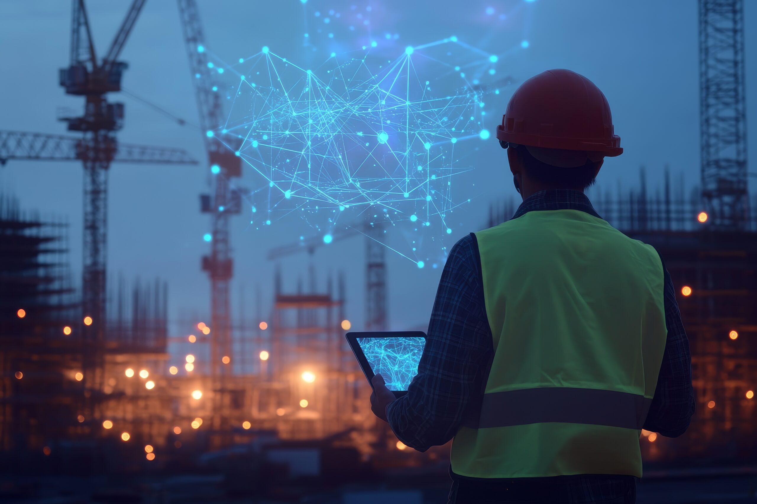 Construction worker with ipad in front of holographic network at active job site with cranes