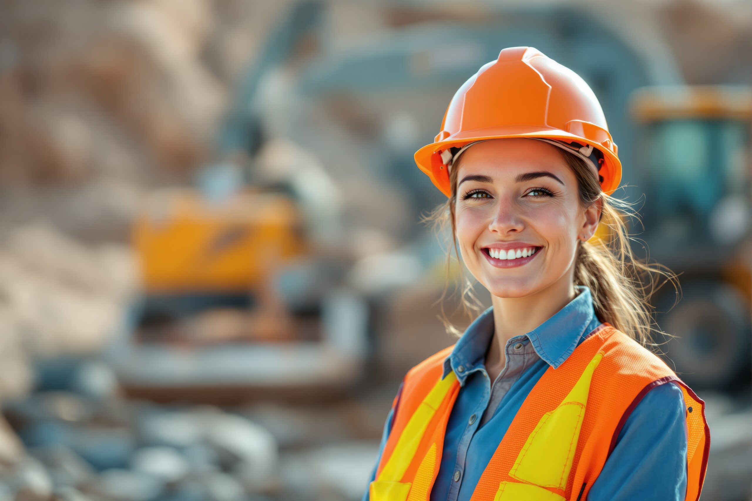 Confident female construction worker in safety gear smiling at a construction site, with heavy machinery in the background. Concept of engineering and labor. Ai generative