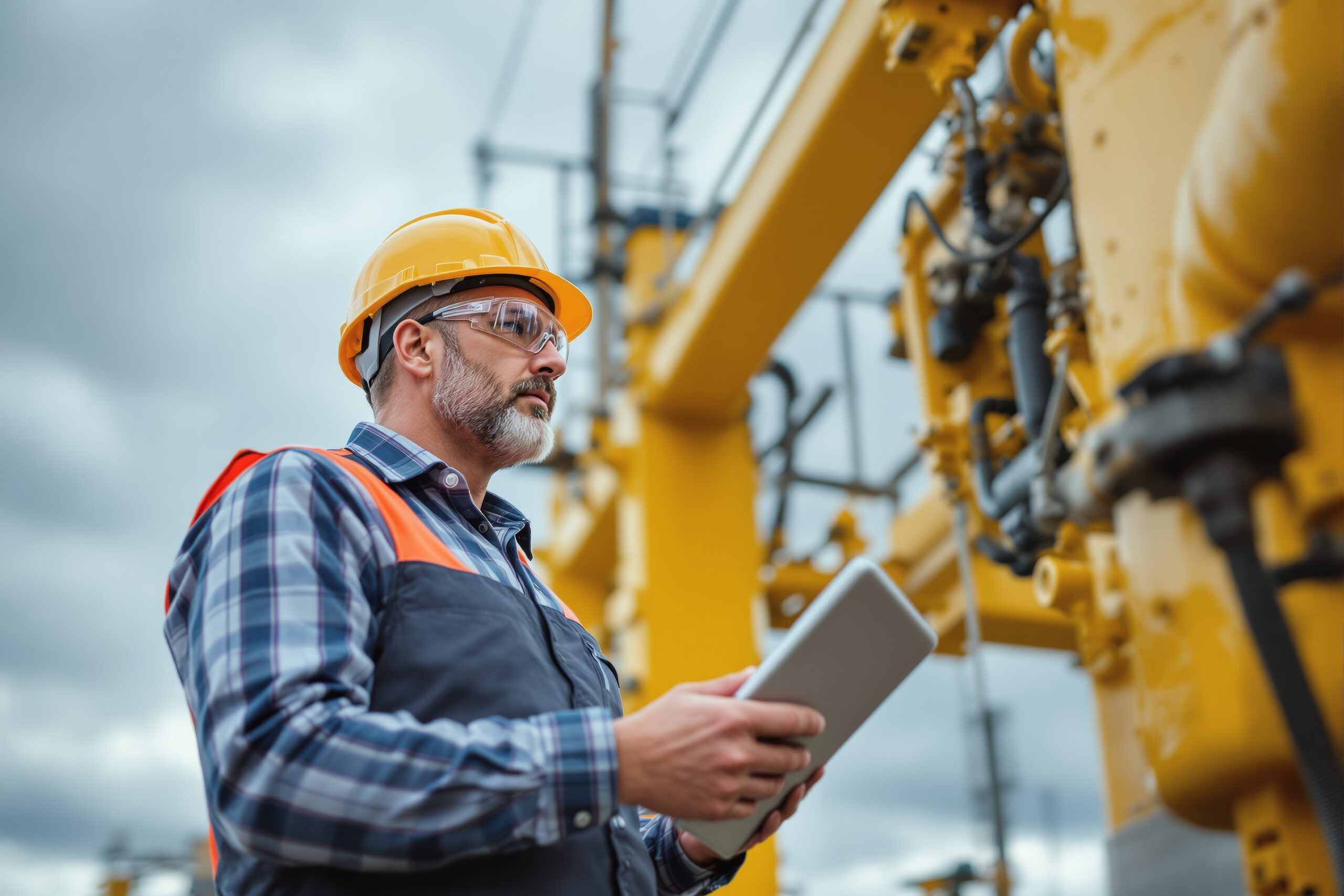 Bearded construction engineer in hard hat and safety vest using tablet outdoors near heavy yellow machinery, cloudy background, concept of industry. Ai generative